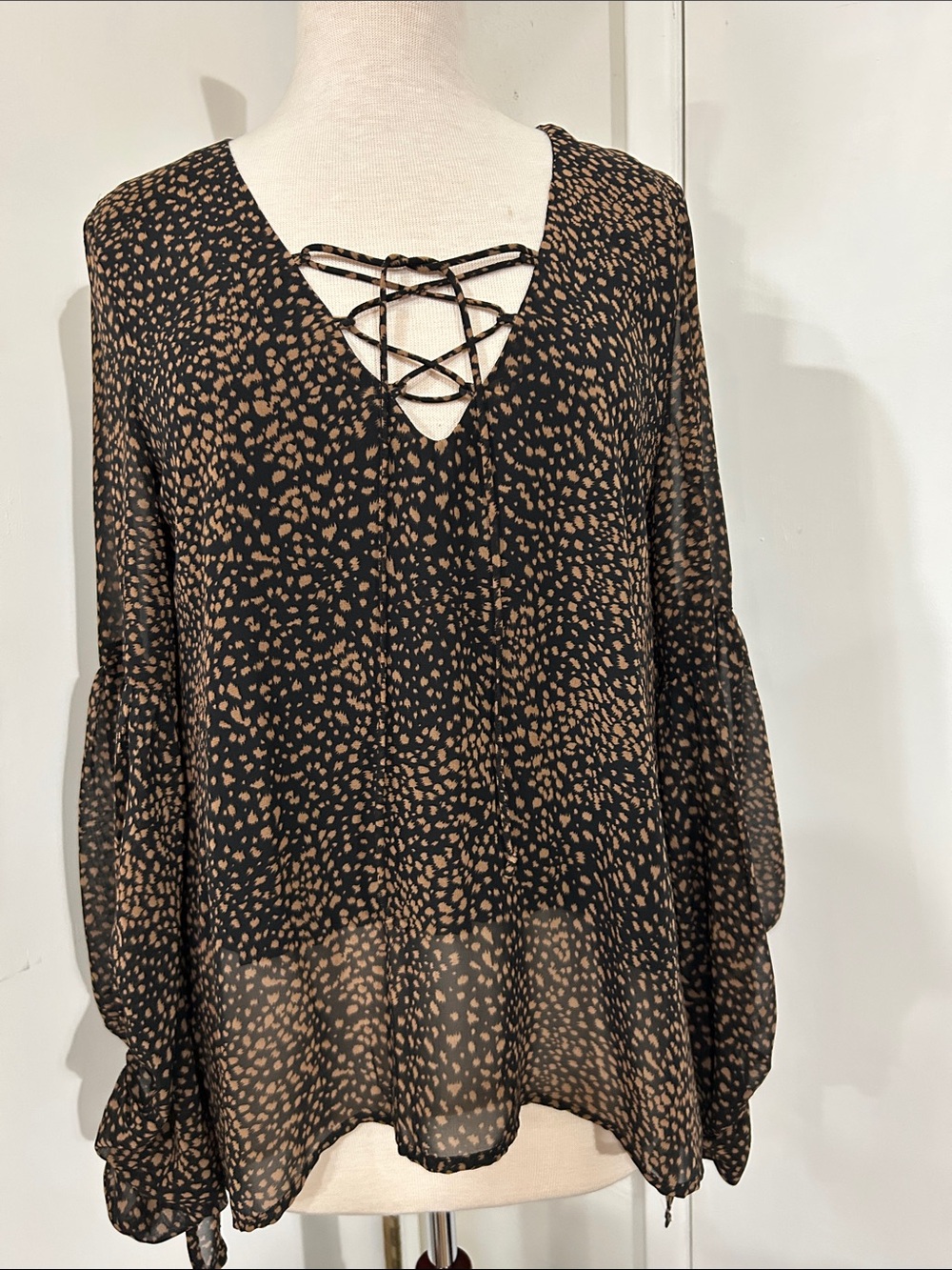 By Together Black and Tan Lace-Up V-Neck Printed Blouse